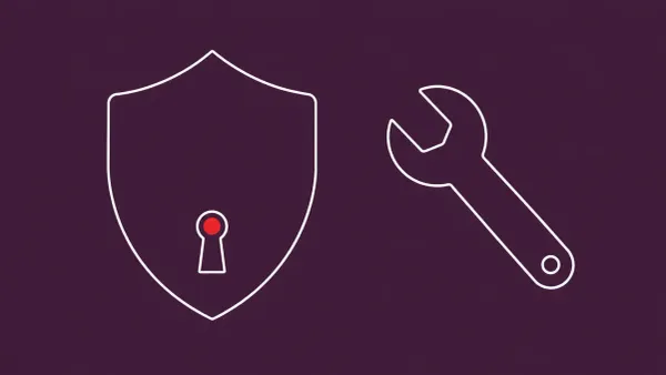 Flat white line-art of a large shield with a small keyhole notch beside a wrench mid-turn — Microsoft RoguePlanet Defender zero-day confirmation.