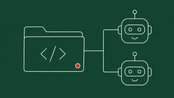 Flat white line-art of a code repository folder linked to two robot heads, on a Forest Green background — Miasma worm targeting AI coding agents.