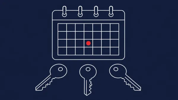 Flat white line-art of a giant calendar shield holding three keys, on a Midnight Navy background — Microsoft's record 206-CVE June 2026 Patch Tuesday.