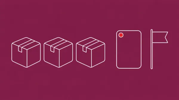 Flat white line-art of a row of package boxes beside an attribution tag card and a flag pin — Microsoft Mastra npm Sapphire Sleet attribution.
