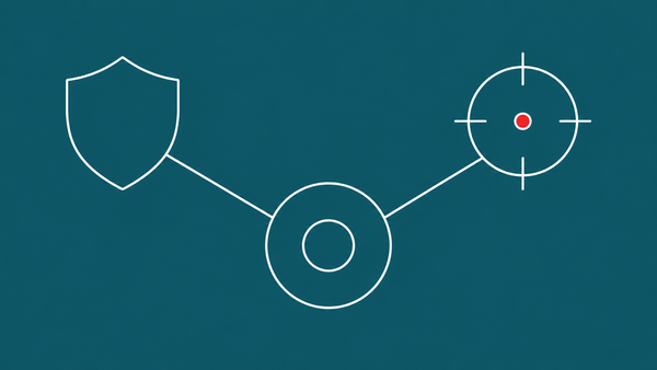 Flat white line-art of an AI core with one arrow to a shield and one to a crosshair, on a peacock-teal background — Mythos defensive and offensive use.