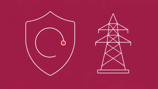 Flat white line-art of a large shield over a three-quarter ring and a power-grid tower — NCSC UK hostile-state critical-infrastructure statement.