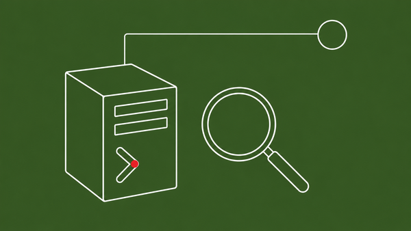 Flat white line-art of a web server with a shell-prompt chevron on its face and a magnifier beside it, on a moss-green background — OP-512 IIS web shells.