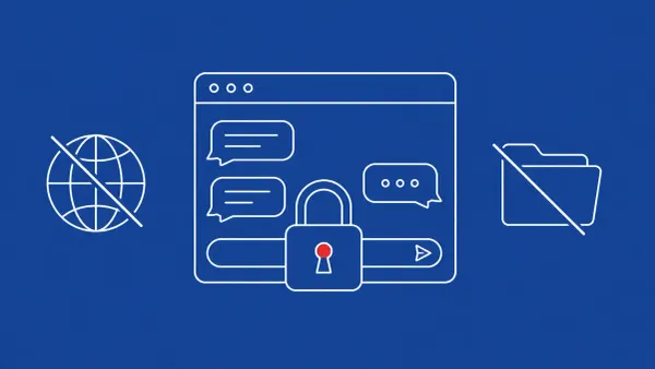 Flat white line-art of a padlock over a chat window with disabled tool icons, on a Cobalt background — ChatGPT Lockdown Mode.
