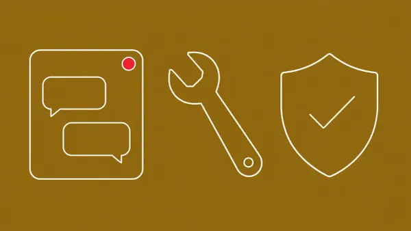 Flat white line-art of an assistant chat panel beside a wrench and a shield with a checkmark, on an Antique Gold background — OpenAI Daybreak GPT-5.5-Cyber defender patch assistance.