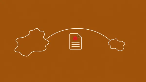 Line-art map of two generic landmasses connected by a thin curved line passing over a small document icon; the document carries one flat red dot.