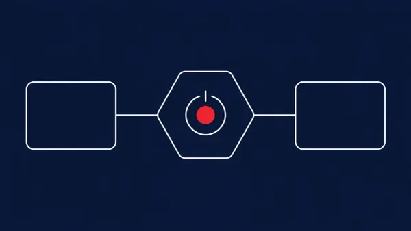 Flat white line-art of two malware boxes wired into a central hub with a power-disconnect switch, on a Midnight Navy background — Operation Endgame Amadey and StealC disruption.