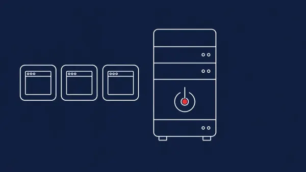 Flat white line-art of a central server stack with a power-off symbol beside a few small site tiles — Operation Endgame SocGholish disruption.