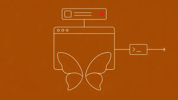 Line-art of a macOS app window emerging from a butterfly motif, wired to an outbound data arrow; an ad banner above it carries a single flat red dot.