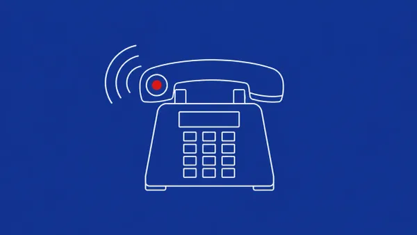 Line-art enterprise desk phone on royal-blue background with one red dot on the handset earpiece, marking the disclosed vulnerability.