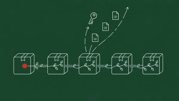 Line-art of npm package boxes linked by pipes as a creeping vine-like blight spreads across them; one box at the leading edge carries a single flat red dot.