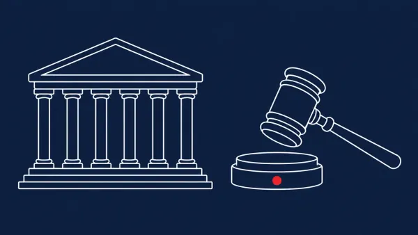 Flat white line-art of a courthouse and a gavel, on a Midnight Navy background — DOJ charges in the Void Blizzard case.