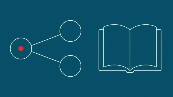 Flat white line-art of a single node duplicating into two identical copies beside an open book, on a peacock background — academic self-replicating AI research.