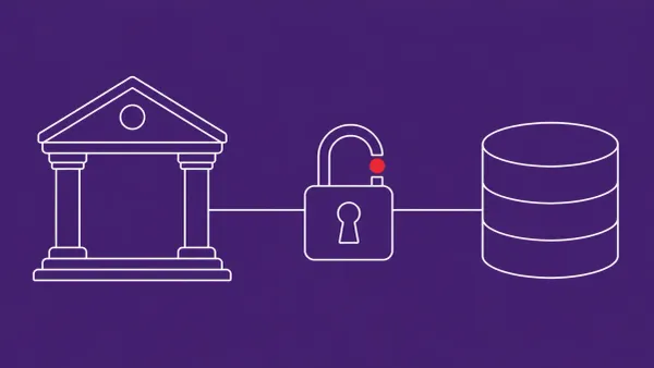 Flat white line-art of a university building and a database server linked by a broken padlock, on a Royal Violet background — Oracle PeopleSoft zero-day.