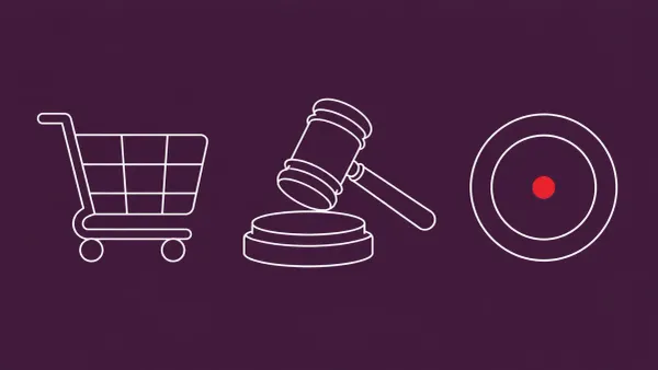 Flat white line-art of a shopping-cart icon beside a gavel and an oversized coin, on an aubergine background — South Korea's record Coupang data-breach fine.