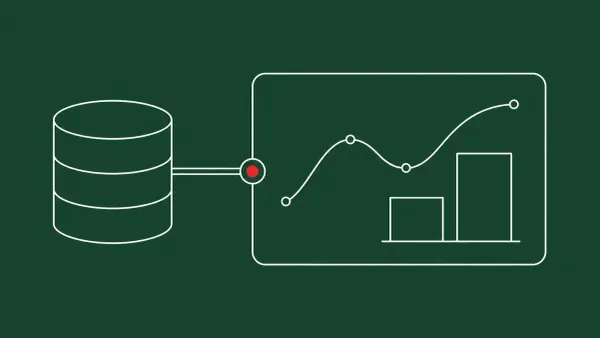 Flat white line-art of a large dashboard panel beside an open data pipeline, on a Forest Green background — Splunk Enterprise critical vulnerability patch.