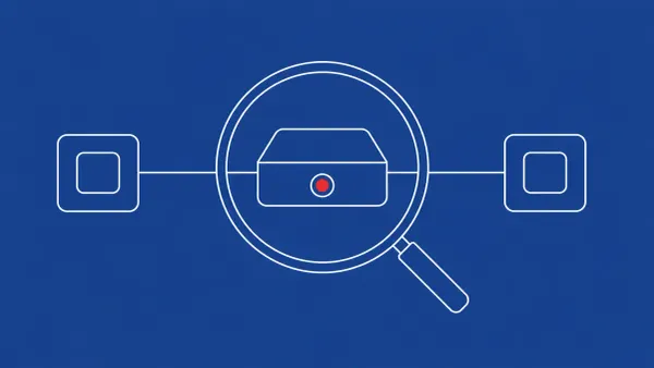 Flat white line-art of a central proxy relay node between two endpoints with a magnifier, on a Cobalt background — Squidbleed Squid Proxy research disclosure.