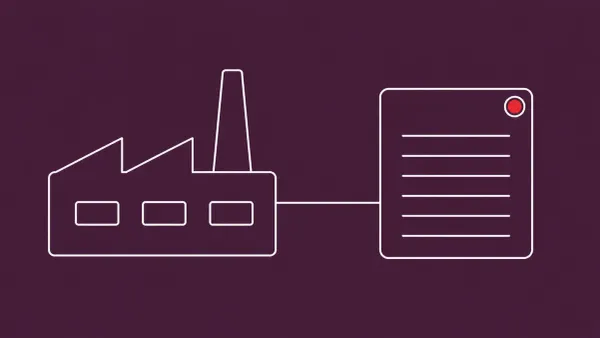 Flat white line-art of an industrial electronics-manufacturing plant beside a single document record card, on an Aubergine background — Tata Electronics cyberattack disclosure.
