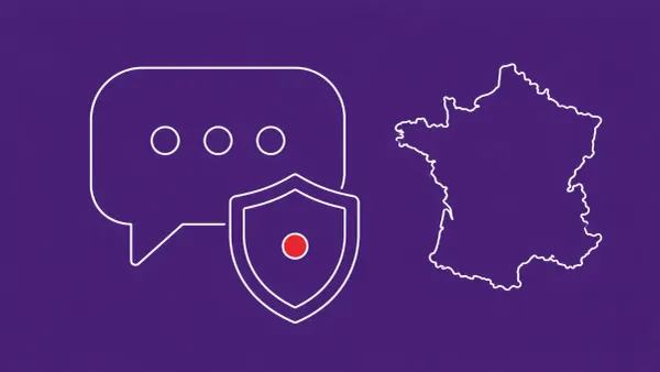 Flat white line-art of a large speech-bubble messenger icon beside a shield over a map outline of France, on a Royal Violet background — France's Tchap government messenger breach.