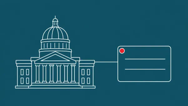 Flat white line-art of a state government building beside an open record card — Texas state data breach disclosure.