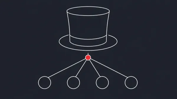 Flat white line-art of a top hat above a branching network of nodes spreading outward, on a Charcoal background — The Gentlemen ransomware.