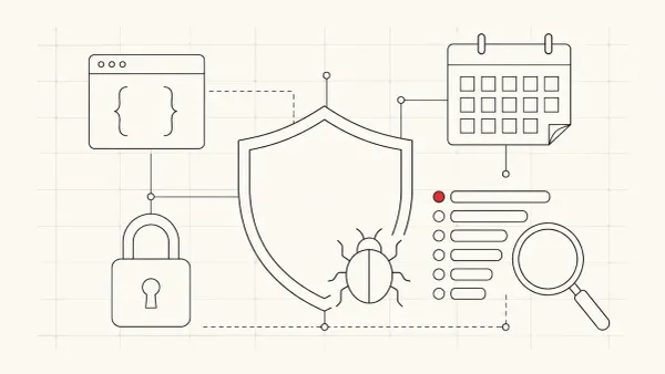 Editorial line-art illustration showing a shield, bug, calendar, lock, and ranked vulnerability list with a red marker, representing the top CVEs and cyber threats of May 2026.
