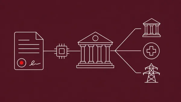 Line-art of an executive-order document with a seal linked to a government building and utility icons by thin lines; the seal carries a flat red dot.