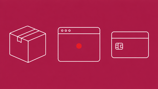Flat white line-art of a package, a browser, and a payment card in a row, on a raspberry background — trusted-channel abuse cluster.