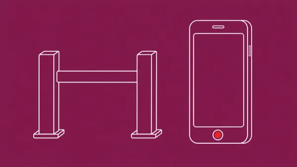 Flat white line-art of a large smartphone outline behind a simple gate form, on a Mulberry background — UK under-16 social media restrictions.