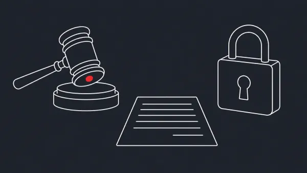 Flat white line-art of a gavel beside a padlock and a single document, on a Charcoal background — Conti ransomware guilty plea.