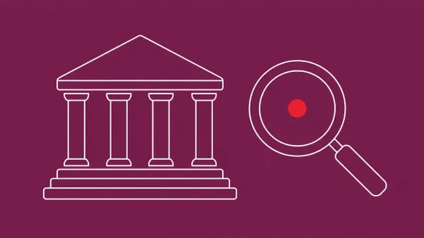 Flat white line-art of a classical law-firm building beside a magnifying glass, on a Mulberry background — Mandiant UNC3753 report.