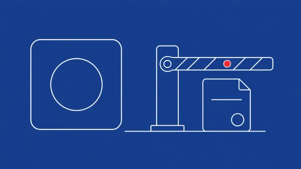 Flat white line-art of an AI model core behind a closed border gate with an order document, on a cobalt background — US order limiting Fable 5 and Mythos 5.