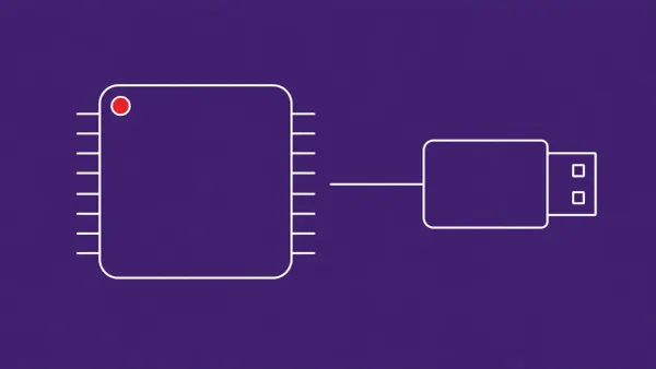 Flat white line-art of a large processor chip with pin rows beside a small USB connector, on a Royal Violet background — usbliter8 Apple A12/A13 BootROM research.