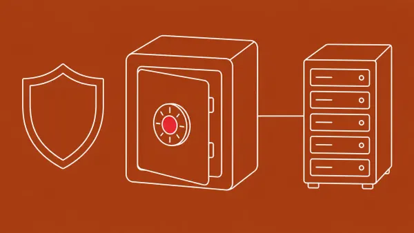 Flat white line-art of a large backup-storage vault with an open hatch, on a Brick Rust background — Veeam Backup & Replication RCE patch.
