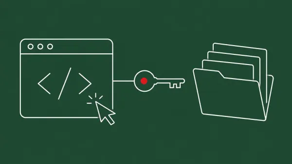 Flat white line-art of a code-editor window where a click releases a key token toward a folder of private repositories, on a forest-green background.