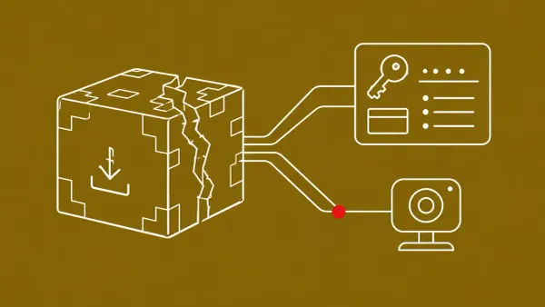 Line-art of a cubic game block split open to reveal malware routing to a data-theft panel and a webcam icon; one routed element carries a flat red dot.