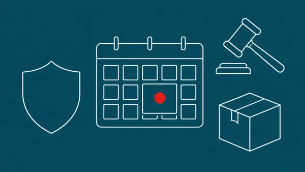 Flat white line-art of a wall calendar grid beside a shield, a gavel and a package box, on a Peacock background — CyberSignal Week in Review, June 8-14 2026.