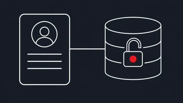 Flat white line-art of a registration form feeding a database cylinder with an open padlock, on a charcoal background — exposed aid-registration data.