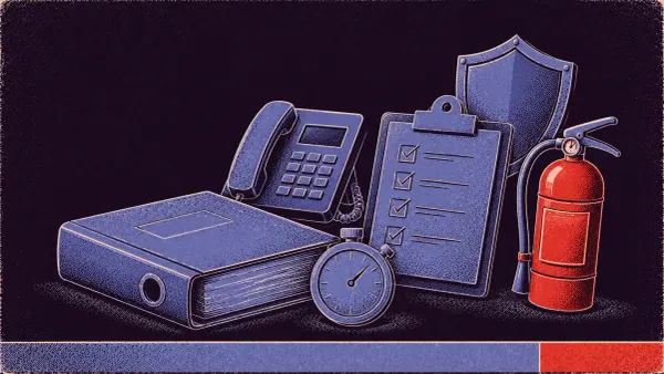 Editorial science-poster illustration of incident response planning symbols — a binder, a phone, a checklist, a stopwatch, a fire extinguisher, and a shield.