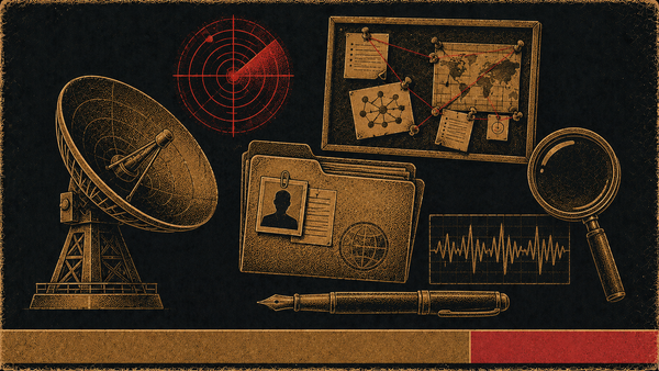 Editorial science-poster illustration of cyber threat intelligence symbols — a radar dish, a dossier folder, a pinned bulletin board, a magnifying lens, a signal waveform, and a fountain pen.