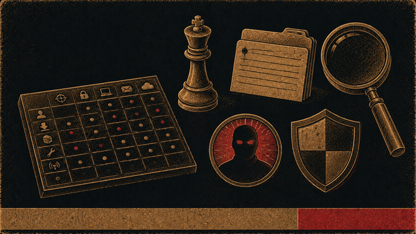 Editorial science-poster illustration of MITRE ATT&CK symbols — a matrix grid, a chess piece, a labeled index card, a magnifying lens, a masked silhouette, and a shield.