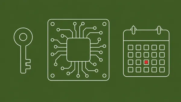 Flat white line-art of a motherboard boot chip, a key, and a wall calendar, on a Moss background — Windows and Linux Secure Boot key-update deadline.
