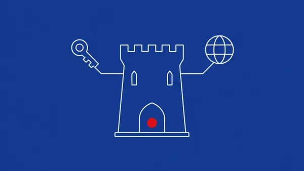 Line-art castle keep with a single open arched gate, a small key icon and a small network-globe icon connected by thin lines; a flat red dot sits in the gate.