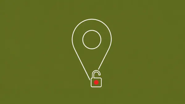 Line-art map pin with a small open padlock at its base, set on a flat olive background; the padlock carries a single red dot.