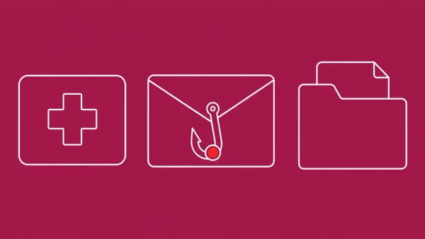 Flat white line-art of a medical cross health card, an envelope with a hook, and a record folder — Xsolis healthcare phishing breach disclosure.