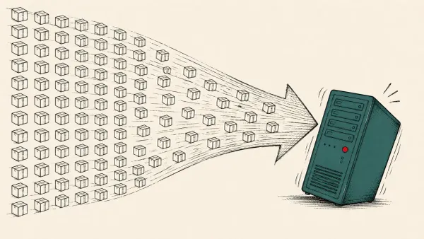Editorial illustration of many package boxes merging into a wave bending a server, representing 148 malicious npm packages building a browser DDoS botnet.