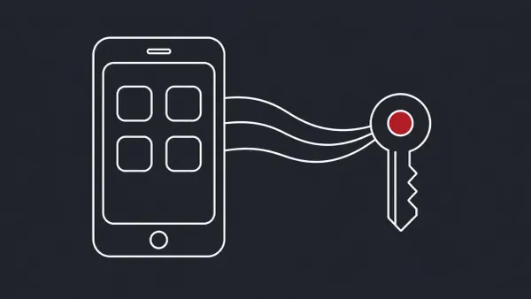 Flat white line-art of a smartphone with an app grid, a key, and flowing connection lines, on a Charcoal background — 282 iOS AI apps leaking API keys in network traffic.