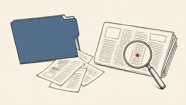Editorial illustration of a magnifying glass over a newspaper beside a spilling records folder, marking the Accenture data breach in a weekly security recap.