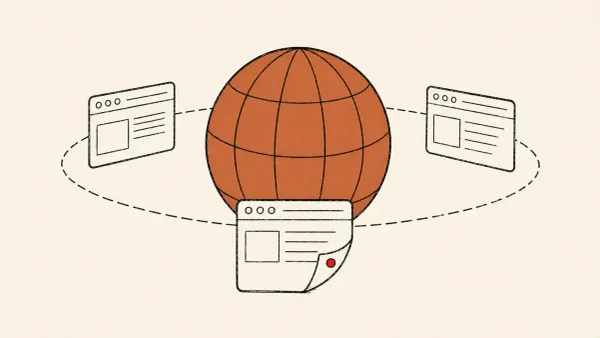 Editorial illustration of a globe orbited by browser cards with one pried corner, marking a global CMS exploitation warning from Australia's cyber agency.