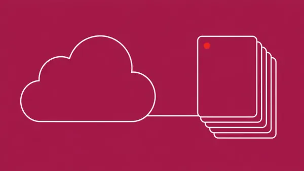 Flat white line-art of a cloud shape linked to a stack of patient record cards — AdaptHealth cloud-systems compromise affecting patient data.